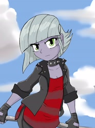 Size: 3090x4170 | Tagged: safe, artist:a.s.e, limestone pie, equestria girls, g4, angry, clothes, collar, equestria girls-ified, female, fingerless gloves, gloves, looking at you, sky background, solo, spiked collar