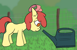 Size: 1024x671 | Tagged: safe, artist:happy harvey, apple bloom, earth pony, pony, g4, bow, colored pupils, ear fluff, female, fence, filly, floppy ears, grass, hair bow, phone drawing, smol, sniffing, watering can