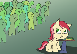 Size: 1414x1000 | Tagged: safe, artist:happy harvey, roseluck, oc, oc:anon, earth pony, human, pony, g4, angry, colored pupils, crowd, eating, female, food, green eyes, herbivore, looking back, mare, phone drawing, sandwich, table
