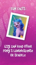 Size: 828x1472 | Tagged: safe, izzy moonbow, pony, unicorn, g5, my little pony: a new generation, official, fact, female, instagram story, luminescense, mare, misspelling, solo, sparkle, text