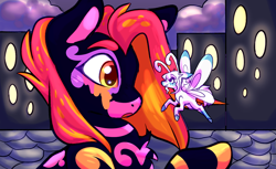 Size: 1360x830 | Tagged: safe, artist:shadowmonstudios, oc, oc only, breezie, pony, breezie oc, building, bust, cloud, duo, looking at each other, night, outdoors