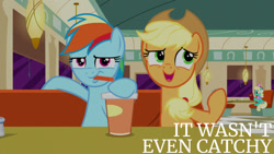 Size: 1280x720 | Tagged: safe, edit, edited screencap, editor:quoterific, screencap, applejack, honey curls, mare e. lynn, rainbow dash, earth pony, pegasus, pony, g4, season 6, the saddle row review, applejack's hat, booth, cowboy hat, diner, female, hat, mare, open mouth