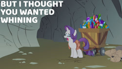 Size: 1280x720 | Tagged: safe, edit, edited screencap, editor:quoterific, screencap, rarity, spot, diamond dog, pony, unicorn, a dog and pony show, g4, season 1, caption, eyes closed, female, gem, gem cave, horn, mare, open mouth, shadow, standing, text, wagon