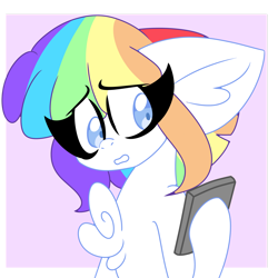 Size: 1280x1280 | Tagged: safe, artist:ladylullabystar, oc, oc only, oc:vanilla sprinkles, pegasus, pony, big ears, cellphone, chest fluff, colored pupils, female, mare, multicolored hair, phone, rainbow hair, smartphone, solo