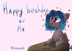 Size: 2468x1763 | Tagged: safe, artist:wevepon3, oc, oc only, pegasus, pony, glasses, graphics tablet, happy birthday, pince-nez, solo, stylus, tongue out