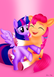 Size: 2480x3508 | Tagged: safe, artist:leonkay, sunny starscout, twilight sparkle, alicorn, pony, g5, cute, high res, hug, pink background, plushie, simple background, solo, sunnybetes, twiabetes, twilight sparkle (alicorn), twilight sparkle plushie