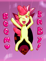 Size: 1148x1528 | Tagged: safe, artist:borbonne-le-bonne, apple bloom, earth pony, pony, g4, female, filly, kuzco, one eye closed, open mouth, open smile, riding a bomb, smiling, solo, the emperor's new groove