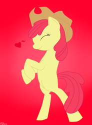 Size: 1400x1900 | Tagged: safe, artist:spitfire-fan, apple bloom, earth pony, pony, g4, applejack's hat, bipedal, blank flank, cowboy hat, eyes closed, female, filly, hat, heart, red background, simple background, solo