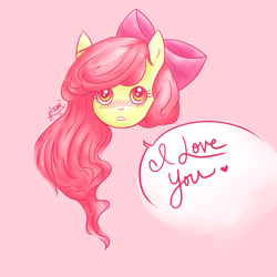 Size: 2000x2000 | Tagged: safe, artist:myphobia, apple bloom, earth pony, pony, g4, blushing, female, filly, head only, heart, high res, looking at you, solo, speech bubble