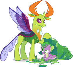 Size: 3000x2774 | Tagged: safe, artist:frownfactory, spike, thorax, changedling, changeling, dragon, g4, to where and back again, antlers, changeling slime, cocoon, cute, high res, horn, king thorax, male, simple background, slime, spikabetes, thorabetes, transparent background, vector, wings