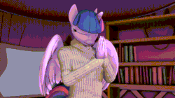 Size: 702x394 | Tagged: safe, artist:phantim, edit, twilight sparkle, alicorn, anthro, g4, 3d, animated, boi, book, bookshelf, deep breath, eyes closed, female, frown, gif, hands together, horn, meme, partially open wings, solo, wings