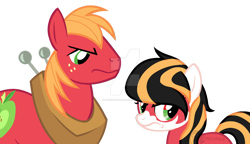 Size: 1024x590 | Tagged: safe, artist:hovesoffire48, big macintosh, oc, oc:thunder apple, earth pony, pony, g4, angry, base used, coat markings, deviantart watermark, father and child, father and daughter, female, filly, frown, horse collar, male, obtrusive watermark, offspring, parent:big macintosh, parents:canon x oc, simple background, stallion, transparent background, watermark