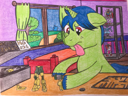 Size: 1024x768 | Tagged: safe, artist:sweetiebot3000, oc, oc only, oc:neon kitbash, pony, unicorn, bed, concentrating, floppy ears, gundam, male, red eyes, solo, stallion, tongue out, traditional art, tree, window