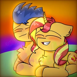Size: 768x768 | Tagged: safe, artist:appleisfruit, flash sentry, sunset shimmer, pegasus, pony, unicorn, g4, blushing, chest fluff, eyes closed, female, grin, lying down, male, prone, ship:flashimmer, shipping, side by side, smiling, straight, watermark