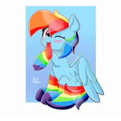 Size: 2039x2039 | Tagged: safe, artist:skylinepony_, rainbow dash, pegasus, pony, g4, blushing, clothes, cute, dashabetes, female, high res, looking at you, mare, mouth hold, one eye closed, rainbow socks, simple background, smiling, smiling at you, socks, solo, striped socks