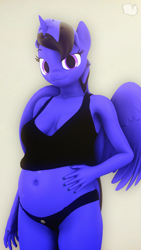 Size: 2160x3840 | Tagged: safe, artist:marshmallow-pone, oc, oc:vani, anthro, belly, belly button, blueberry, blueberry inflation, breasts, clothes, female, food, high res, inflation