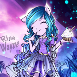 Size: 640x640 | Tagged: safe, artist:mira.veike, izzy moonbow, equestria girls, g4, g5, cupcake, equestria girls-ified, eyes closed, food, g5 to equestria girls, g5 to g4, generation leap, pony ears, youtube link