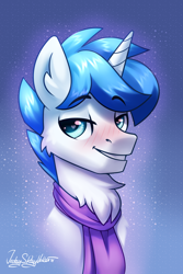Size: 2000x3000 | Tagged: safe, artist:jedayskayvoker, oc, oc only, pony, unicorn, blushing, bust, clothes, commission, cute, eyebrows, eyebrows visible through hair, glitter, heart eyes, high res, icon, looking at you, male, portrait, raised eyebrow, scarf, solo, stallion, wingding eyes