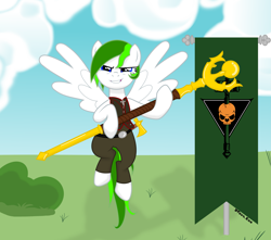 Size: 6095x5400 | Tagged: safe, artist:dtavs.exe, oc, oc:flor de izote(izzi), pegasus, pony, clothes, female, flag, hatchet, life staff, marauder, mare, new world (game), pants, pegasus oc, show accurate, skull, smiling, smirk, vest