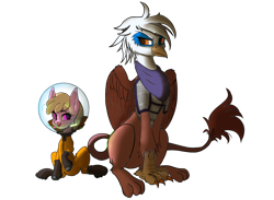 Size: 3179x2332 | Tagged: safe, artist:leesys, artist:turbovilka, oc, oc only, oc:henrietta firebright, oc:puppysmiles, earth pony, griffon, pony, fallout equestria, fallout equestria: pink eyes, armor, fanfic art, high res, simple background, transparent background