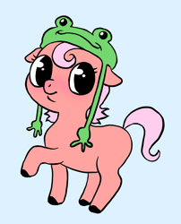 Size: 1022x1264 | Tagged: safe, artist:immunefox, oc, earth pony, frog, pony, blank flank, clothes, cute, digital art, doodle, female, filly, hat, looking at you, pink, simple background