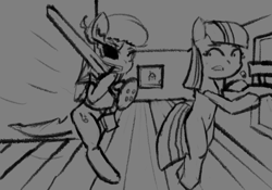 Size: 2388x1668 | Tagged: safe, artist:solid shrimp, cheerilee, maud pie, earth pony, pony, g4, /mlp/ tf2 general, bipedal, demoman, demoman (tf2), duo, duo female, female, gun, monochrome, rifle, sniper, sniper (tf2), sniper rifle, sword, team fortress 2, weapon