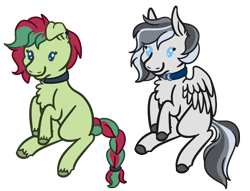 Size: 1134x867 | Tagged: safe, artist:misskanabelle, oc, oc only, earth pony, pegasus, pony, braided tail, chest fluff, choker, commission, duo, earth pony oc, pegasus oc, simple background, smiling, transparent background, wings, ych result