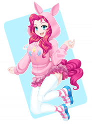 Size: 1280x1732 | Tagged: safe, artist:dstears, pinkie pie, human, abstract background, amnibus, balloonbutt, breasts, butt, clothes, cute, diapinkes, female, happy, hoodie, humanized, open mouth, schrödinger's pantsu, shoes, skirt, smiling, socks, solo, stockings, tailed humanization, thigh highs, zettai ryouiki