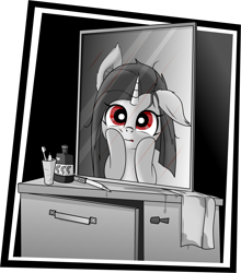 Size: 2774x3158 | Tagged: safe, oc, oc only, pony, unicorn, floppy ears, high res, mirror, one ear down, red eyes, solo
