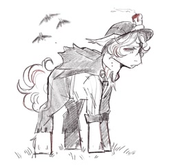 Size: 1024x990 | Tagged: safe, artist:karamboll, bat, earth pony, pony, vampire, bite mark, candle, cape, clothes, crossover, fangs, fluffy mane, identity v, norton campbell, scar, sketch, solo