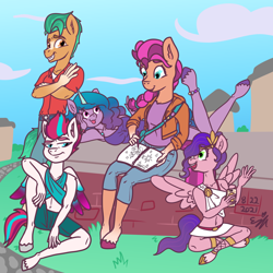 Size: 1600x1600 | Tagged: safe, artist:erynerikard, hitch trailblazer, izzy moonbow, pipp petals, sunny starscout, zipp storm, earth pony, pegasus, unicorn, anthro, unguligrade anthro, g5, my little pony: a new generation, :p, anklet, badge, bag, belly button, book, bracelet, breasts, busty izzy moonbow, cellphone, cleavage, clothes, cute, digital art, female, friendship bracelet, hoodie, izzybetes, jeans, jewelry, journal, male, mane five (g5), mare, midriff, mohawk, necklace, pants, phone, satchel, shirt, shorts, smartphone, stallion, the pose, tongue out, twilight sparkle's cutie mark, unshorn fetlocks