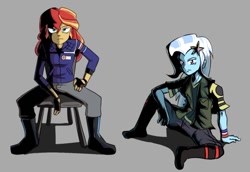 Size: 832x571 | Tagged: safe, artist:beefgummies, artist:fatjelyfish, sunset shimmer, trixie, equestria girls, g4, aggie.io, boots, chair, clothes, collaboration, cosplay, costume, danger days: the true lives of the fabulous killjoys, fingerless gloves, frank iero, gerard way, gloves, hairpin, jacket, looking at you, my chemical romance, shading, shoes, vest, wristband