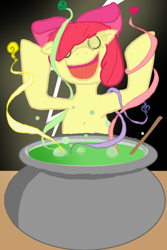 Size: 500x750 | Tagged: safe, artist:tyriusmoonstalker, apple bloom, earth pony, pony, g4, cauldron, female, filly, hair over one eye, open mouth, open smile, potion, smiling, solo