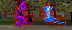 Size: 1363x580 | Tagged: safe, artist:smg4, twilight sparkle, alicorn, pony, g4, building, cameo, cameo in youtube video, crazy eyes, crossover, crossover shipping, female, grass, levitation, magic, magic aura, male, mare, mordecai, mordetwi, regular show, shipping, shocked, shocked expression, smg4, straight, street, telekinesis, tree, twilight sparkle (alicorn)