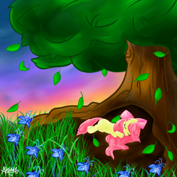 Size: 2000x2000 | Tagged: safe, artist:myphobia, apple bloom, earth pony, pony, g4, female, filly, flower, high res, leaf, leaves, orchard, poison joke, sleeping, solo, tree