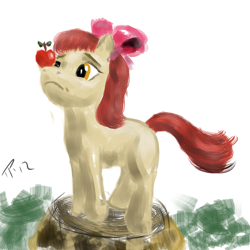 Size: 900x900 | Tagged: safe, artist:juleppony, apple bloom, earth pony, pony, g4, apple, balancing, female, filly, food, ponies balancing stuff on their nose, solo