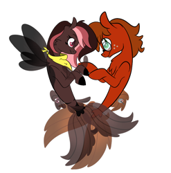Size: 898x908 | Tagged: safe, artist:songheartva, oc, oc only, earth pony, pegasus, pony, seapony (g4), art trade, chest fluff, clothes, dorsal fin, female, fin wings, fish tail, flowing mane, flowing tail, glasses, green eyes, looking at each other, pink eyes, scarf, seaponified, simple background, smiling, species swap, tail, transparent background, wings