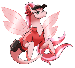 Size: 1046x949 | Tagged: safe, artist:eternity9, oc, oc only, seapony (g4), bag, clothes, crossover, digital art, female, fin wings, fins, fish tail, green eyes, hat, looking at you, seaponified, simple background, smiling, solo, species swap, tail, transparent background, wings