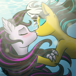 Size: 700x700 | Tagged: safe, artist:discorsaurus, oc, oc only, earth pony, hippogriff, pony, blushing, bubble, claws, colored pupils, crepuscular rays, digital art, ear fluff, eyes closed, female, flowing mane, kissing, lake, shipping, sunlight, underwater, water