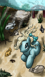 Size: 480x815 | Tagged: safe, artist:kyuushi, oc, oc only, fish, merpony, sea pony, blue eyes, digital art, female, fish tail, flowing mane, river, rock, seaweed, solo, speedpaint, swimming, tail, underwater, water