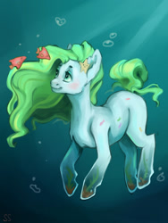 Size: 960x1280 | Tagged: safe, artist:liliss, oc, oc only, earth pony, fish, pony, starfish, bubble, colored pupils, crepuscular rays, flowing mane, green mane, ocean, seaweed, simple background, smiling, solo, sunlight, underwater, water