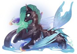 Size: 1280x908 | Tagged: safe, artist:pharaohy, oc, oc only, hybrid, merpony, seapony (g4), chest fluff, commission, dorsal fin, ear fluff, feather, fins, fish tail, flowing mane, flowing tail, green eyes, green mane, hooves, ocean, scales, signature, simple background, solo, spread wings, swimming, tail, unshorn fetlocks, water, white background, wings