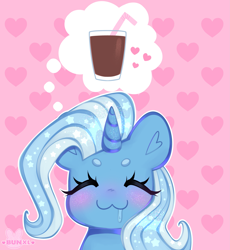 Size: 2763x3000 | Tagged: safe, artist:bunxl, trixie, pony, unicorn, :3, beanbrows, blushing, chocolate, chocolate milk, commission, cute, diatrixes, drool, eyebrows, eyes closed, food, happy, heart, high res, milk, smiling, solo, thought bubble