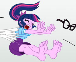 Size: 1072x879 | Tagged: safe, artist:niban-destikim, edit, sci-twi, twilight sparkle, spider, comic:the shrinking project, equestria girls, g4, barefoot, cropped, danger, feet, fetish, foot fetish, missing shoes, pulling, soles, solo, spider web, toes