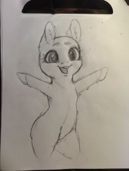 Size: 768x1024 | Tagged: safe, artist:miokomata, pony, bald, bipedal, cute, ear fluff, grayscale, looking at you, monochrome, open mouth, open smile, outstretched arms, pencil drawing, smiling, traditional art