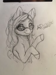 Size: 768x1024 | Tagged: safe, artist:miokomata, oc, oc only, earth pony, pony, female, glasses, grayscale, looking at you, mare, monochrome, pencil drawing, smiling, smiling at you, solo, traditional art