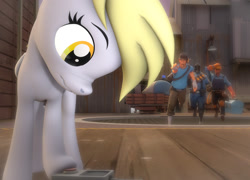Size: 1494x1077 | Tagged: source needed, useless source url, safe, artist:derpyanon_, derpy hooves, human, pegasus, pony, g4, /mlp/ tf2 general, 3d, crossover, cute, derpabetes, engineer, engineer (tf2), payload cart, pyro (tf2), red button, remote, running, scout (tf2), source filmmaker, team fortress 2, this will end in explosions