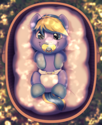 Size: 864x1057 | Tagged: safe, artist:binkyroom, oc, oc only, pony, basket, commission, cute, dappled sunlight, diaper, foal, forest background, grass, looking at you, pacifier, smiling, smiling at you, solo, sunlight, ych result
