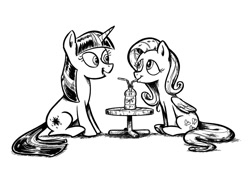 Size: 1059x726 | Tagged: safe, artist:mellodillo, fluttershy, twilight sparkle, pegasus, pony, unicorn, g4, black and white, drink, drinking, drinking straw, duo, duo female, female, grayscale, lesbian, looking at each other, mare, monochrome, sharing a drink, ship:twishy, shipping, simple background, unicorn twilight, white background