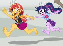 Size: 487x354 | Tagged: safe, artist:niban-destikim, sci-twi, sunset shimmer, twilight sparkle, comic:the shrinking project, equestria girls, g4, barefoot, cropped, duo, feet, soles, toes